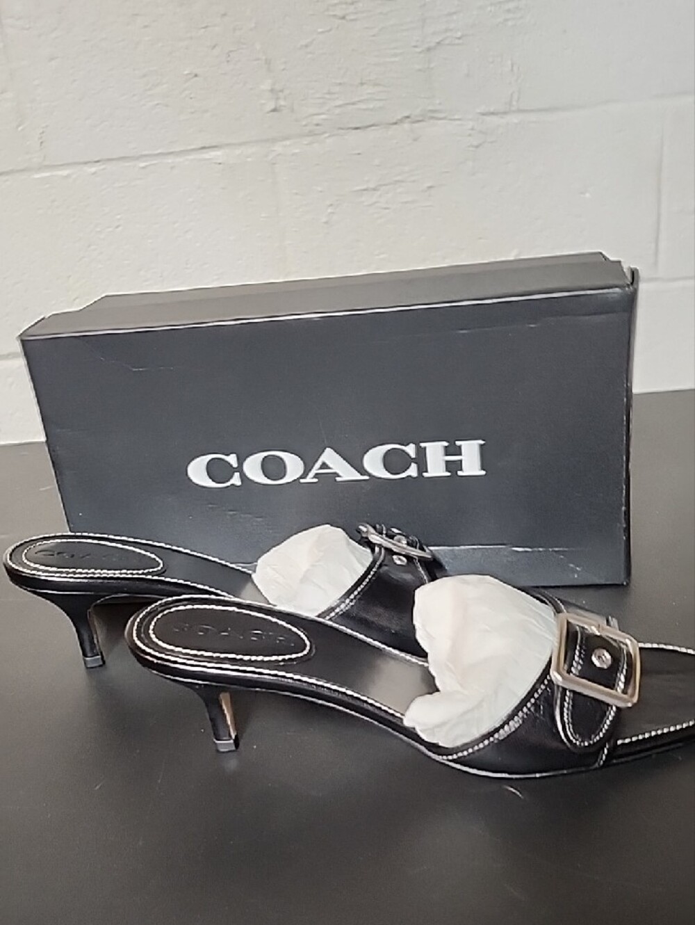 Coach Margo Black Leather Buckle Kitten-Heel Slides - Picture 7 of 10